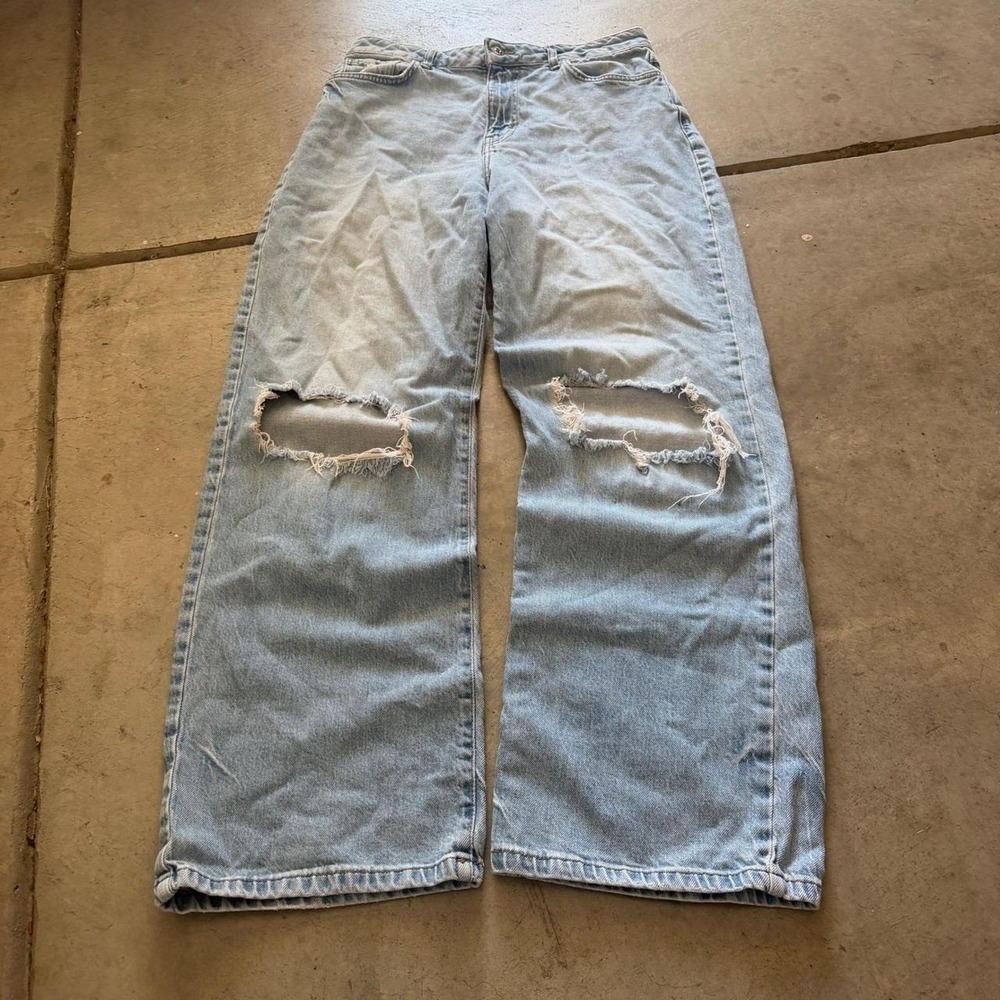30x30 Blue Distressed Faded Straight Wide Leg Jeans Y2K Grunge Vintage